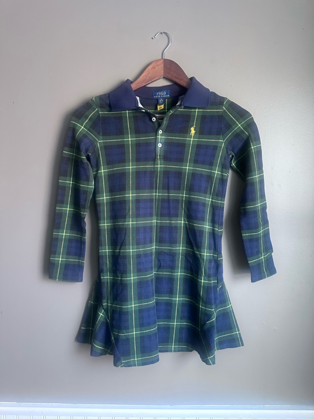 Ralph Lauren Girls Plaid Polo Dress Size 10 Green Long Sleeve Cotton Pony Logo